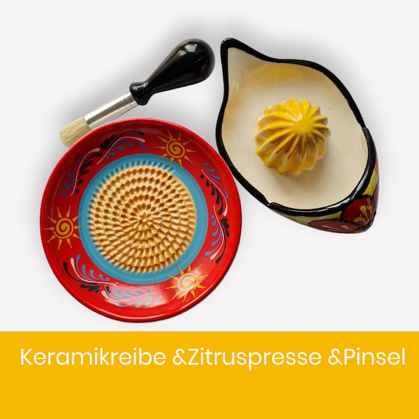 Keramikreibe mit Zitruspresse und Pinsel Motiv Fiesta Knoblauchreibe Tellerreibe Saftpresse Gourmet Rubi
