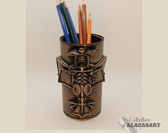 Pencil pot unique and original creation "steampunk" recycled tin box