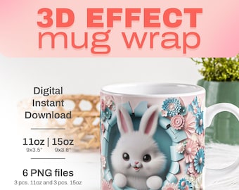3D EFFECT White Cute Bunny Pastel Floral Peeking Bunny Mug Wrap, 11 oz & 15 oz Sublimation Wrap, Instant Digital Download, PNG Files 300 dpi