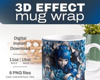 3D EFFECT Porcelain Girl blue and White Porcelain Flower Mug Wrap, 11oz & 15oz Sublimation Wrap, Instant Digital Download, PNG Files 300 dpi