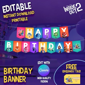 EDITABLE | Instant Download | Inside Out 2 Birthday Banner Template
