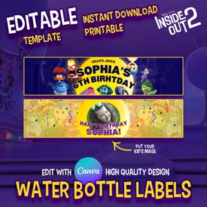 Inside Out Bottle Label Instant Download, Canva Template, Printable - Water Bottle -Inside Out Birthday Party Needs