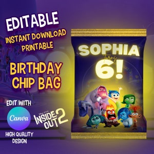 EDITABLE | Instant Download | Inside Out 2 Personalized Chip Bag for Birthday Party | Printable