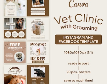 20 pcs. VET Clinic and Grooming Post Templates | FREE 10 Instagram Highlights Instagram and FB Poster Template