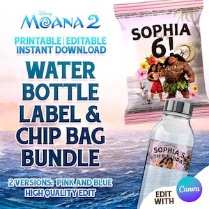 Moana 2 Bottle Label and Chip Bag Bundle Instant Download, Canva Template, Printable - Water Bottle and Chip Bag Birthday Party Needs
