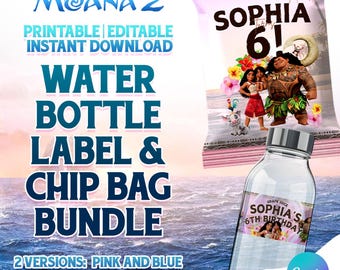 Moana 2 Bottle Label and Chip Bag Bundle Instant Download, Canva Template, Printable - Water Bottle and Chip Bag Birthday Party Needs