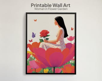 Printable Wall Art – Woman in Flower Garden with Butterflies | Dreamy Feminine Illustration | Modern Digital Chic Decor