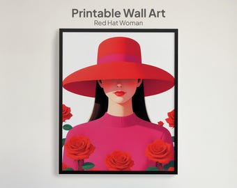 Printable Wall Art – Modern Pop Surrealism Red Hat Woman with Roses | Bold Fashion Illustration | Minimalist Digital Artwork Chic Home Decor