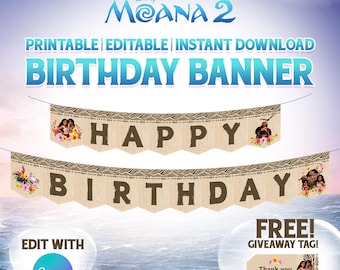 EDITABLE | Instant Download | Moana 2 Birthday Banner Template