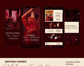Deep Red Birthday Dinner Video Invitation | Elegant Party Invite | Editable Digital Invitation | RSVP Details | Stylish Event Announcement