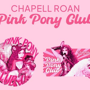 Puede incluir: Logotipo de Pink Pony Club con una bola de discoteca, una mujer con un atuendo rosa y un pony rosa. También se puede ver el texto "I'm gonna keep on dancing".