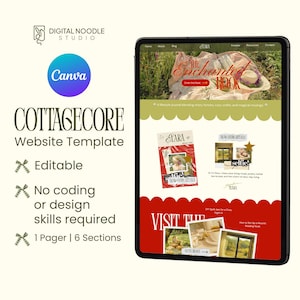 May include: A digital tablet displays a Cottagecore website template. The template features a red and green color scheme with the text "The Enchanted Hook." The design includes sections for a lifestyle journal, cozy crafts, and magical musings. The template is editable and requires no coding or design skills.
