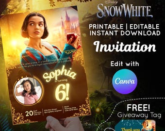 EDITABLE | Instant Download | Snow White 2025 Birthday Invitation Template | Printable | FREE Giveaway Tag