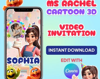 EDITABLE |  Ms Rachel Cartoon with Herbie and Georgie | Happy Birthday Video Invitation | Digital Video Invitation Animation with Music