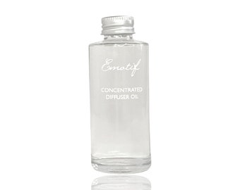 May include: A clear glass bottle with a silver lid, labeled "Emotif Concentrated Diffuser Oil".