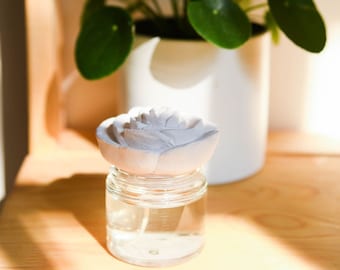 May include: A white ceramic flower diffuser sits on a wooden surface. The diffuser is filled with clear liquid and has a white ceramic flower on top. The diffuser is next to a potted plant with green leaves.