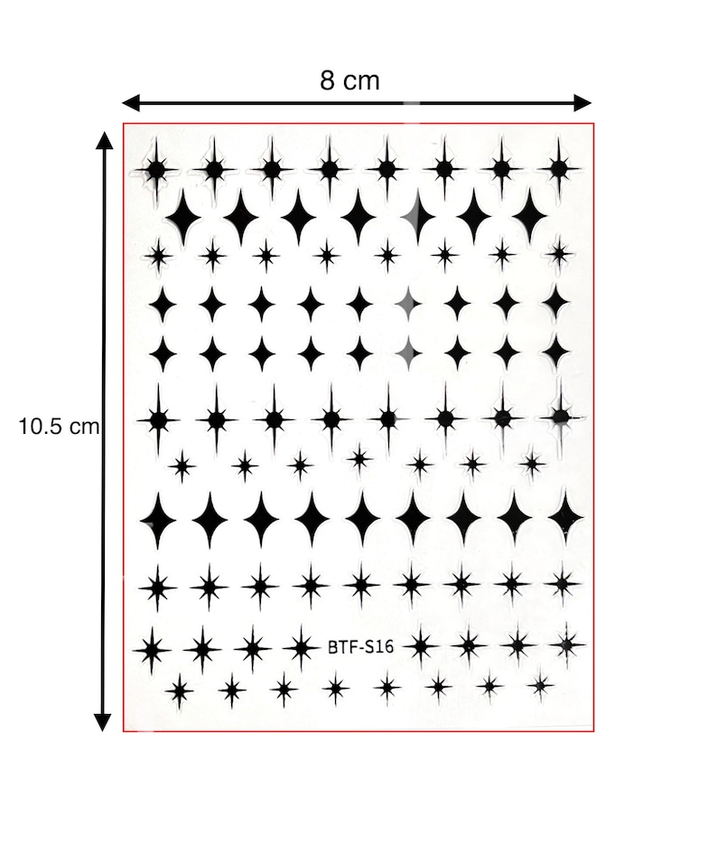 Op de afbeelding: Een vel met zwarte, stervormige nail art stickers. Het vel is 8 cm breed en 10,5 cm hoog. De stickers zijn in verschillende maten en vormen. De tekst "BTF-S16" is op het vel gedrukt.