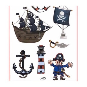 May include: A collection of pirate-themed illustrations. Includes a pirate ship with black sails, a skull and crossbones flag, an anchor, a lighthouse, a pirate character, a life preserver, and a sword. The text "L-05" is visible.