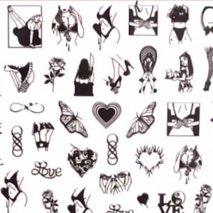 May include: Sheet of black and white temporary tattoos featuring various illustrations. Designs include figures, butterflies, hearts, roses, and the word "Love". The tattoos are arranged in a grid pattern.