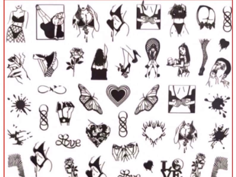 May include: Sheet of black and white temporary tattoos featuring various illustrations. Designs include figures, butterflies, hearts, roses, and the word "Love". The tattoos are arranged in a grid pattern.
