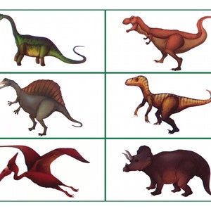 May include: A collection of six dinosaur illustrations. The dinosaurs include a green and yellow Brachiosaurus, a brown Tyrannosaurus Rex, a gray Spinosaurus, a brown and yellow Velociraptor, a red Pterodactyl, and a dark brown Triceratops.