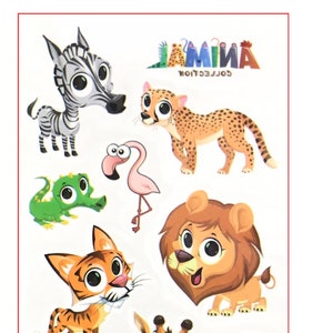 May include: A sheet of colorful animal stickers featuring a zebra, cheetah, crocodile, flamingo, tiger, and lion. The stickers have a cartoon style with large eyes and bright colors. The text "Animal Collection" is also present.