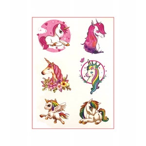 May include: Sheet of temporary tattoos featuring six colorful unicorn designs. The unicorns have flowing manes, some with wings, and are set against pink and floral backgrounds. The designs include rainbows and crowns.