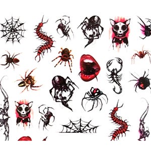 May include: Sheet of temporary tattoos featuring various Halloween-themed designs. Includes spiders, spiderwebs, a scorpion, a centipede, and a skull-like creature. The designs are in black, red, and brown on a white background.