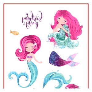 May include: Watercolor illustrations of mermaids with pink hair and teal tails. One mermaid is hugging her tail, another is swimming, and a third has a mermaid tail. The text "birthday party" is written in purple script.