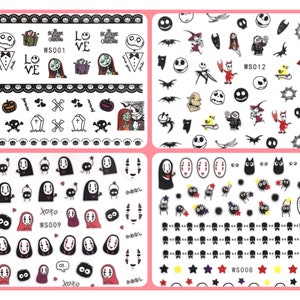 May include: Four sheets of nail art stickers with Halloween and animated character designs. Designs include Jack Skellington, Sally, ghosts, bats, and other spooky elements. Each sheet has a different design, with text like "Love" and "XOXO".
