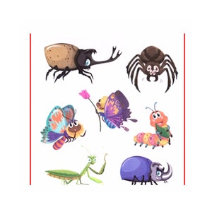 May include: A collection of whimsical insect illustrations. The image features a variety of cartoon bugs, including a beetle, spider, butterflies, a caterpillar, a praying mantis, and a rhinoceros beetle. Each insect is brightly colored and has a friendly expression.