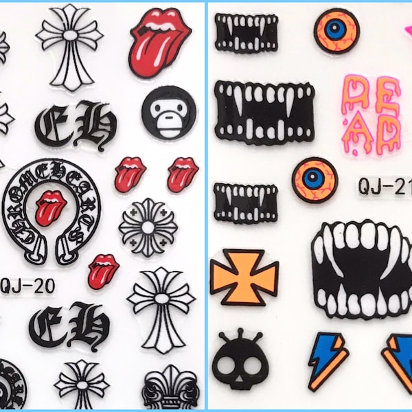 Nail Art Stickers | Antique Cross | Teeth | Lip  | Skull | Smiley | Beard | Fingernails | Toenails Decorations