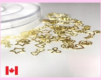 110 Pcs Nail Charms, Gold Mixed Styles Nail Art Charms, 1 Set Metal Ultra-thin 3D Gold Nail Charm Decals, 3D Nail Decorations