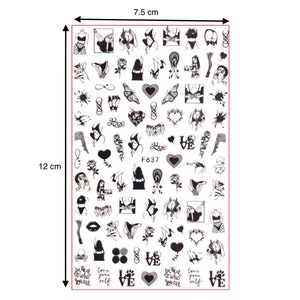 May include: A sheet of black and white nail art stickers, measuring 4.7 inches wide and 7.5 inches long. The sheet is filled with various designs, including lingerie, hearts, butterflies, and the word "LOVE". The text "F637" is also present.