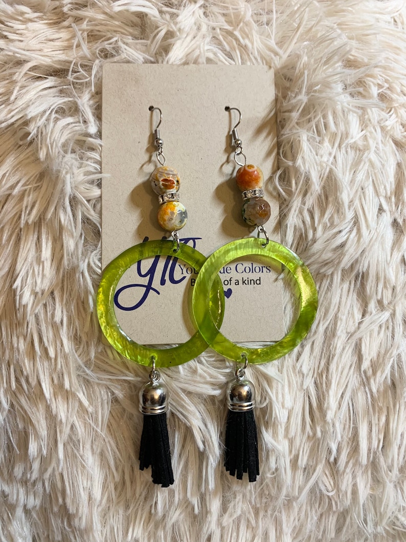Green and multi colored medium beaded dangle earrings with image 0