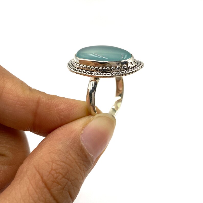 Aqua Chalcedony Ring,925 Sterling Silver,handmade ring,gift for her,boho ring,oval shaped stone,big stone ring