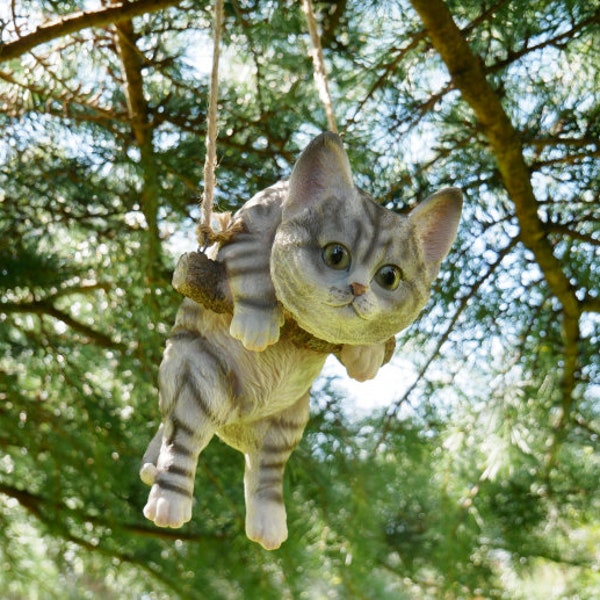 Cat Kitten On A Rope Swing Hanging Garden Tree Ornament, Garden Decoration, Cat Garden Gift