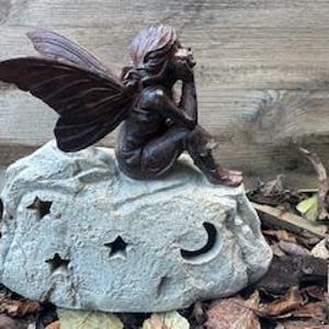 Fairy girl  sitting on a rock ornament, solar powered ornament, fairy garden, airy garden gift,garden ornament, garden gift, light up fairy