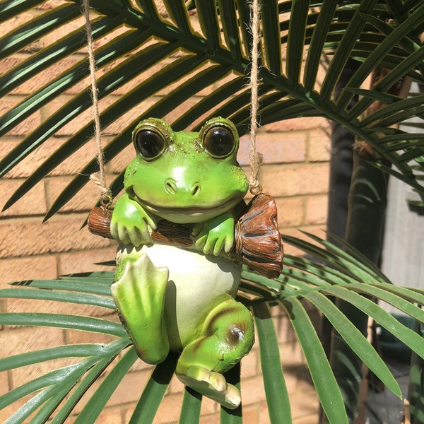 Hanging frog on rope tree ,hanging garden animal ornament, garden decoration, frog gifts, frog ornament, small frog, garden gift small frog