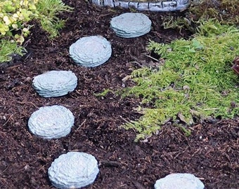 May include: A miniature garden scene with a pathway of pale blue stepping stones leading to a small decorative door. The stones are set in dark brown soil, surrounded by green moss and small plants.