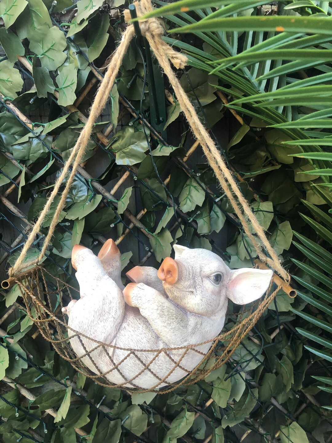 Hanging Pig in Hammock, Pig Ornament, Hanging Garden Ornaments, Garden