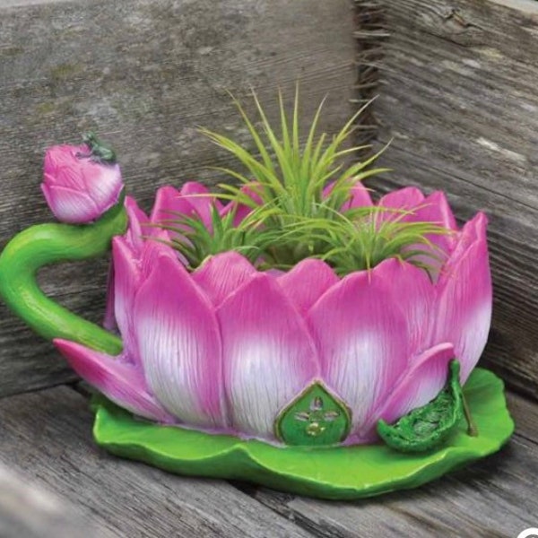 Jardinière de tasse de thé lotus, lotus rose, jardinière rose, cadeaux de jardin, jardinières de jardin féeriques, petite jardinière, jardinière de tasse de thé, cadeaux de jardinière