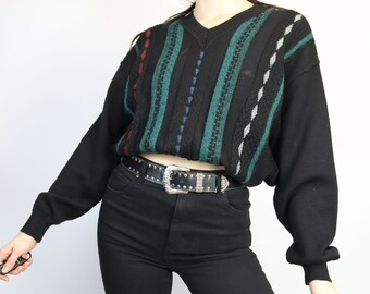 Vintage 80s 90s "ILGRANCHIO" knitted sweater sweater with V-neck black green red M/L
