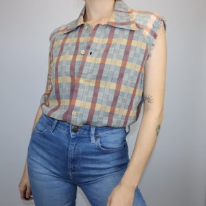 Koszula essenza w stylu vintage, lata 80., 90., bez rękawów, w kratkę NIEUŻYWANA, z metką L