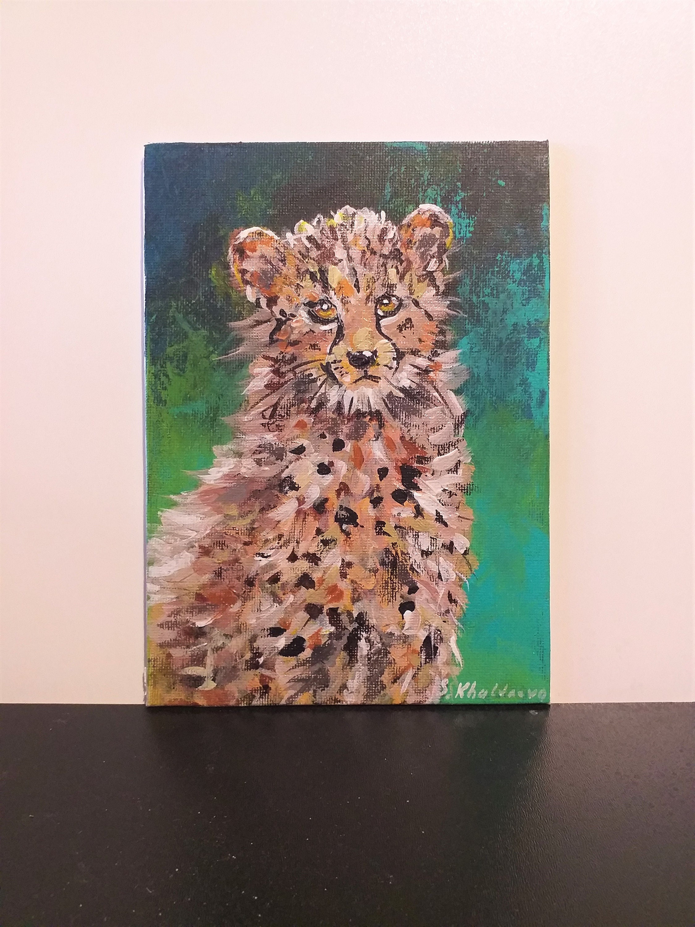 Guepard Peinture Art Original Cheetah Animal Mural Petite 7x5 Pouces