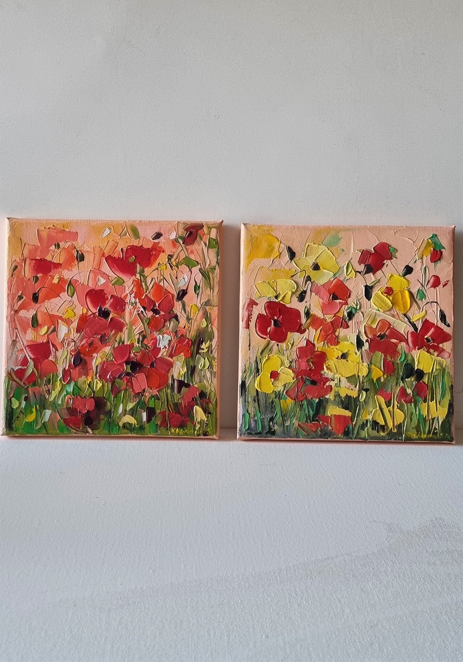 Diptyque Peinture Champ de Coquelicot Art Original Ensemble 2 Prairie Fleurs Sauvages Florale Mural