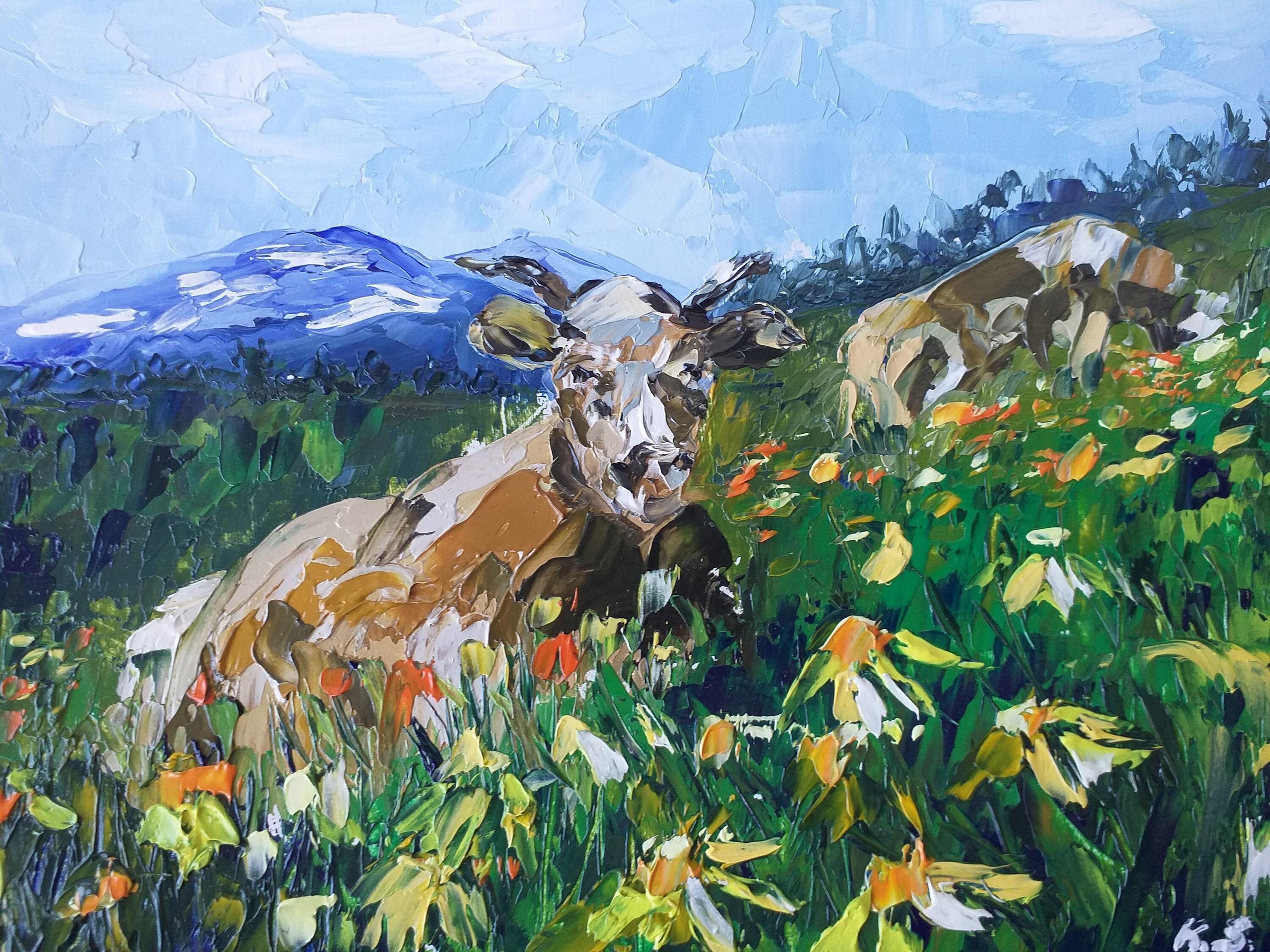 Vache Peinture Original Art Huile Paysage Montagne Prairie Mur Empâtment Petite 6x8 Pouces