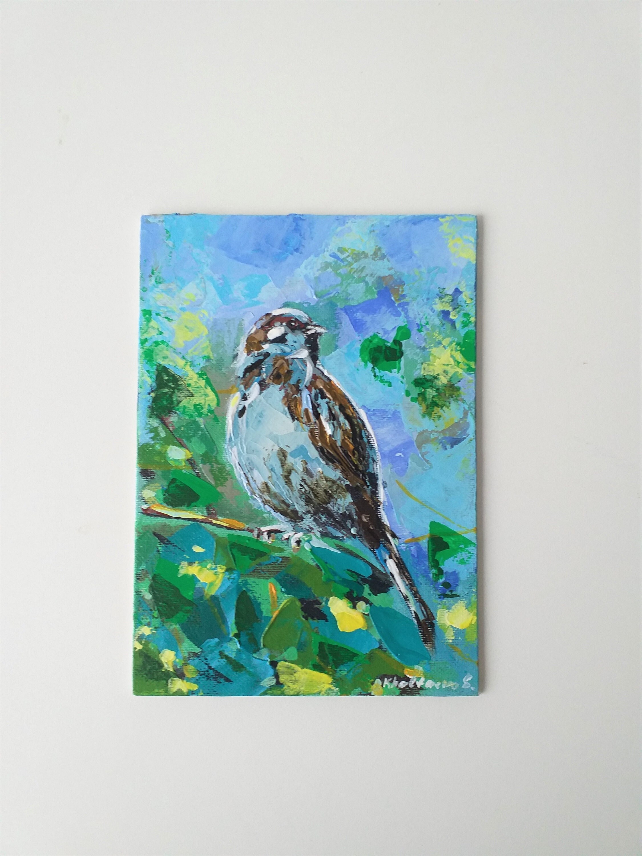 Peinture de Moineau Art Original Oiseau Peinture Murale Cadeau Petite Peinture 7x5 Pouces