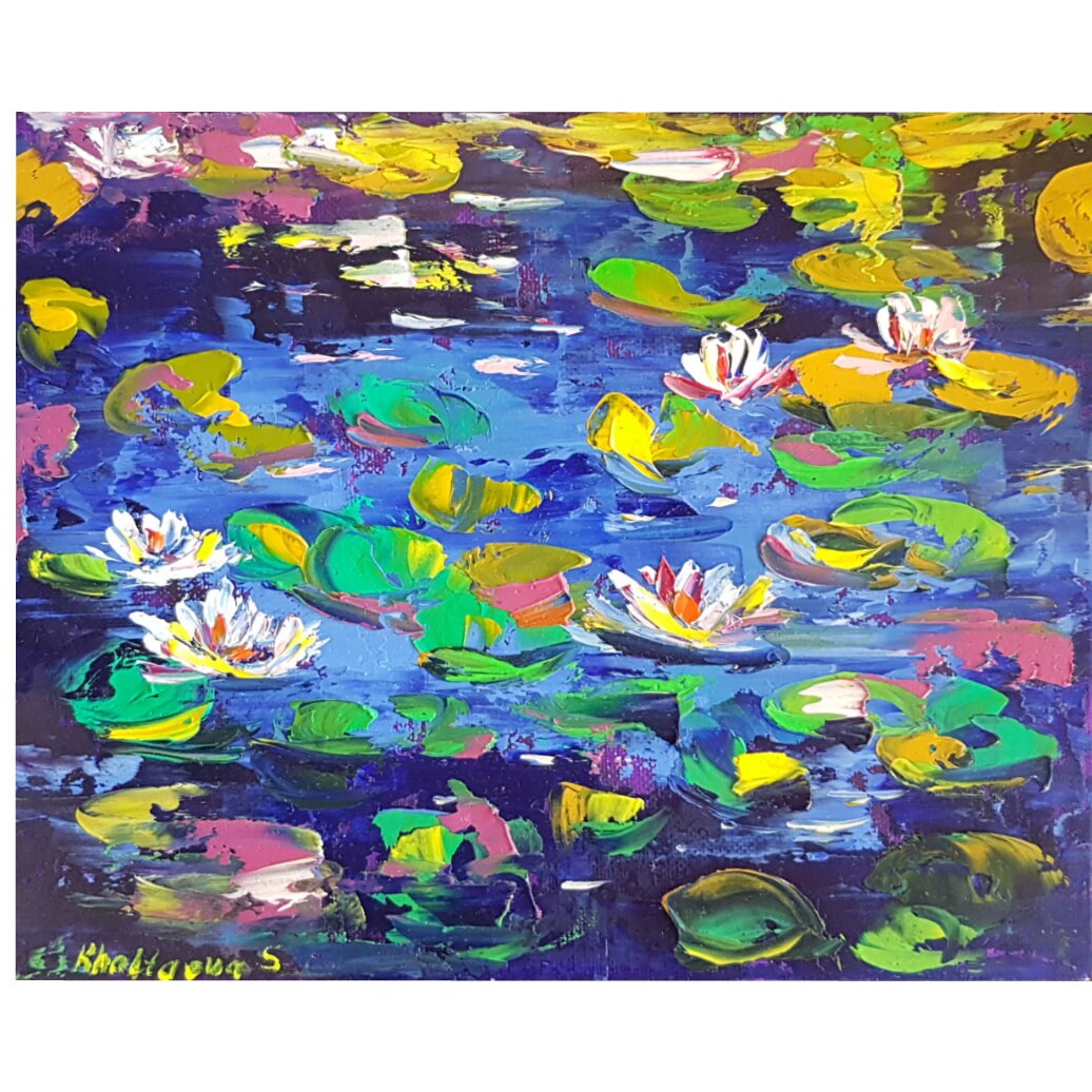 Fleurs Nymphéas Art Original Oil Peinture Florale Mural Impasto 8x10 Pouces