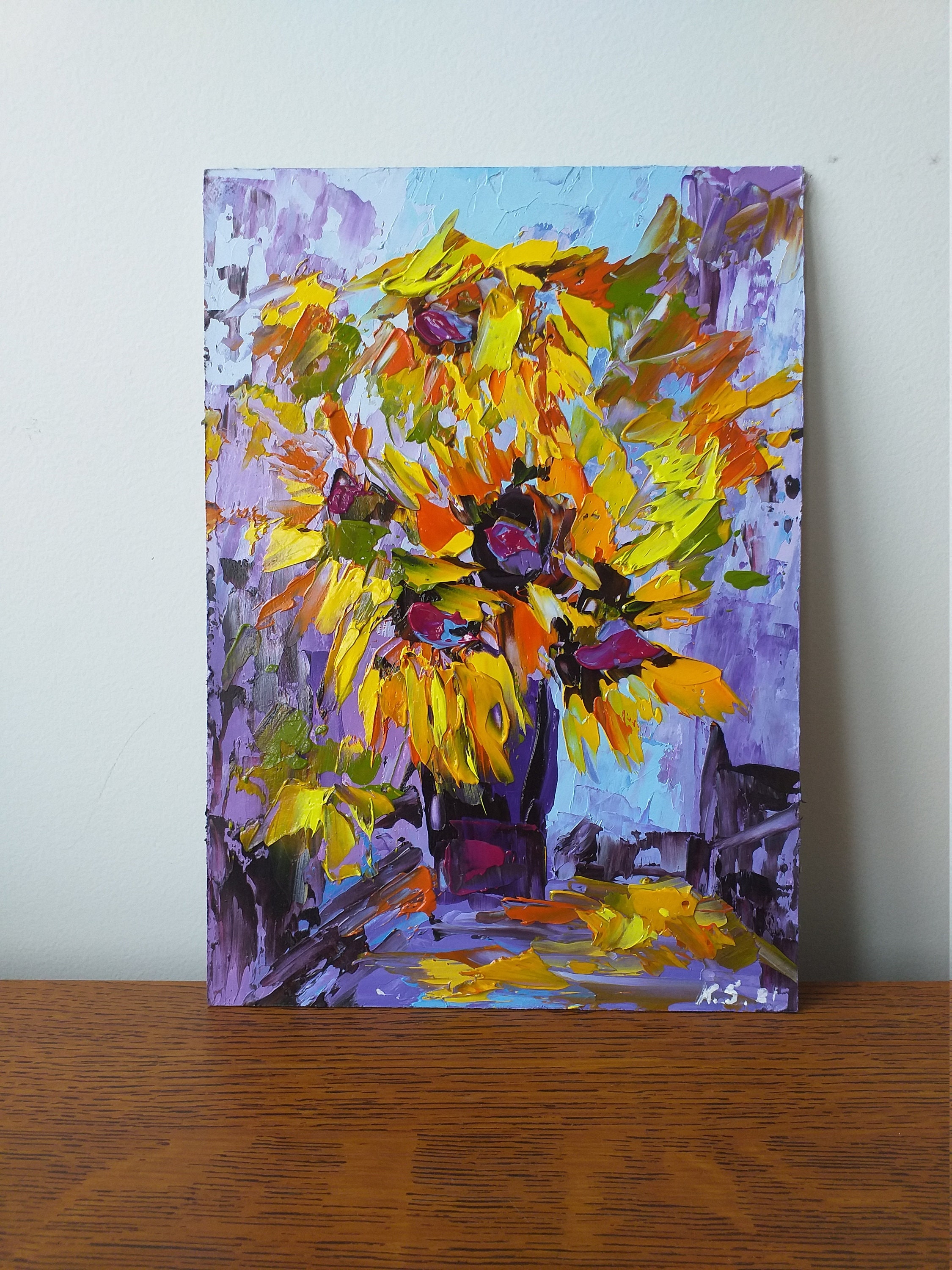 Tournesols Peinture Abstraite Empâtement Original Art Huile Floral Murale 8x6 Pouces